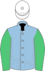 Light blue, emerald green sleeves, white cap