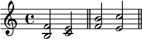  \new Voice \relative c' { \clef treble \key c \major \time 4/4 <b f'>2 <c e> \bar "||" <f b>2 <e c'> \bar "||" } 