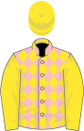 Pink and yellow diamonds, yellow sleeves and cap