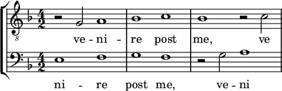  { << \new StaffGroup << \new Staff << \set Score.tempoHideNote = ##t \tempo 2 = 66 \set Staff.midiInstrument = #"voice oohs" \clef treble \time 4/2 \relative c' { \clef "treble_8" \time 4/2 \key g \dorian r2 g a1 bes c bes r2 c } \addlyrics { ve -- ni -- re post me, ve -- } >> \new Staff << \set Staff.midiInstrument = #"voice oohs" \clef bass \time 4/2 \key g \dorian \new Voice \relative c { e1 f g f r2 g a1 } \addlyrics { ni -- re post me, ve -- ni -- } >> >> >> } 