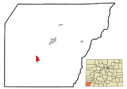 Location of the Towaoc CDP in Montezuma County, Colorado.Colorado