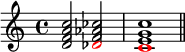  { \new Staff << \new Voice \relative c' { \clef treble \key c \major \time 4/4 \override NoteHead.color = #red s2 des c1 } \new Voice \relative c' { \clef treble \key c \major \time 4/4 <d f a c>2 <f aes ces> <e g c>1 \bar "||" } >> } 