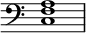  { \clef bass \time 4/4 << \override Score.TimeSignature #'stencil = ##f \relative c { <c f a>1 } >> } 