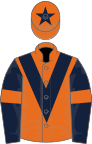 Orange, dark blue chevron, dark blue sleeves, orange armlets, orange cap, dark blue star