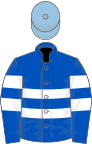 Royal blue, two white hoops, white armlets, light blue cap