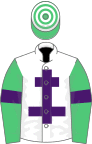 White, purple cross of lorraine, emerald green sleeves, purple armlets, emerald green and white hooped cap