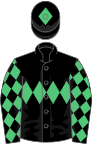 Black, emerald green triple diamond, diamonds on sleeves, black cap, emerald green diamond