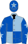 Light blue and royal blue (quartered), royal blue sleeves, light blue stars, royal blue cap, light blue star