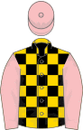 Gold and black check, pink sleeves and cap