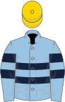 Light blue, two dark blue hoops, gold cap