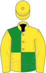 Yellow and green (quartered), yellow sleeves, yellow armlets, striped cap