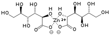 Skeletal chemical formula of a planar compound featuring a Zn atom in the center, symmetrically bonded to four oxygens. Those oxygens are further connected to linear COH chains.