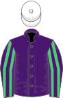 Purple, emerald green striped sleeves, white cap