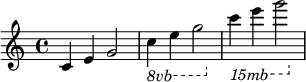  { \relative c' { \clef treble \time 4/4 \key c \major c4 e g2 \ottava #-1 c,4 e g2 \ottava #-2 c,4 e g2 } } 