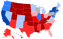 A map of the US with states shaded red or blue according to their Cook Partisan Voting Index, with the most strongly Republican-voting states in the darkest red, the most Democratic-voting in the darkest blue, and states where the parties are equally strong in gray.