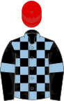 Black and light blue check, black sleeves, light blue armlets, red cap
