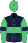 Dark blue, emerald green hoop, emerald green sleeves, dark blue armlets, emerald green cap