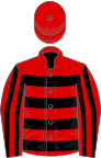 Red and black hoops, striped sleeves, red cap
