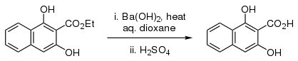 Barium hydroxide-catalyzed 2-carboxy-1,3-dihydroxynaphthalene preparation.svg