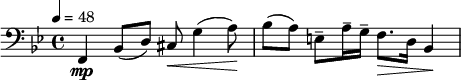 \relative c { \clef bass \time 4/4 \key bes \major \tempo 4 = 48 f,\mp bes8( d) cis\< g'4( a8)\! | bes( a) e-- a16-- g-- f8.\> d16 bes4\! }
