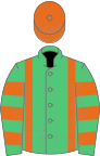 Emerald green, orange braces and cap, hooped sleeves