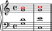 \new PianoStaff << \new Staff << \new Voice \relative c'' { \stemUp \clef treble \key c \major \time 4/4 \override NoteHead.color = #red b1 c } \new Voice \relative c'' { \stemDown g1 g } >> \new Staff << \new Voice \relative c' { \stemUp \clef bass \key c \major \time 4/4 d1 e } \new Voice \relative c' { \stemDown g1 c, \bar "||" } >> >>