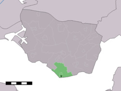 The town centre (dark green) and the statistical district (light green) of Ellewoutsdijk in the municipality of Borsele.
