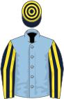 Light blue, dark blue and yellow striped sleeves, dark blue and yellow hooped cap