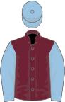 Claret, light blue sleeves and cap