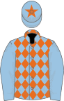 Light blue and orange diamonds, light blue sleeves, light blue cap, orange star