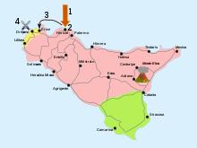 A map of Sicily showing the small amount of territory controlled by Carthage