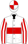 White, red hoop, striped sleeves, quartered cap