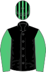 Black, emerald green sleeves, striped cap