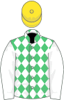 Emerald green and white diamonds, white sleeves, yellow cap