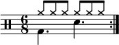  \new Staff << \new voice \relative c' { \clef percussion \numericTimeSignature \time 6/8 \set Score.tempoHideNote = ##t \tempo 4. = 80 \stemDown \repeat volta 2 { g4. d' } } \new voice \relative c'' { \override NoteHead.style = #'cross \stemUp \repeat volta 2 { a8 a a a a a } } >>