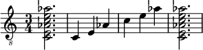 { \clef "treble_8" \time 3/4 <c e aes c' e' aes'>2. <c >4 <e >4 <aes >4 <c' >4 <e' >4 <aes' >4 <c e aes c' e' aes'>2. } 