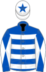 Royal blue and white hoops, diabolo on sleeves, white cap, blue star