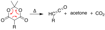 Pyrolysis of Meldrum's acid into ketene, acetone, and CO2
