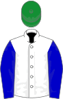 White, blue sleeves, green cap