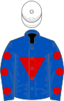 Royal blue, red inverted triangle, royal blue sleeves, red spots, white cap