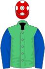 Emerald green, royal blue sleeves, red cap