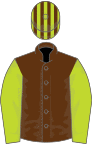Brown, lime green sleeves, striped cap