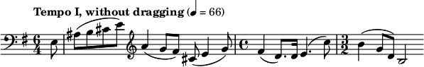  \relative c { \clef bass \key e \minor \time 6/4 \tempo "Tempo I, without dragging" 4 = 66 \partial 8*1 e8 ais( b cis e) \clef treble a4( g8[ fis)] cis( e4 g8) \time 4/4 fis4( d8.) d16 e4.( c'8) \time 3/2 b4( g8 d) b2 } 