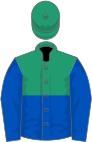 Emerald Green and Royal Blue (halved horizontally), Blue sleeves, Emerald Green cap