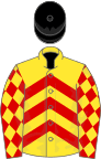 Yellow, red chevrons, red sleeves, yellow diamonds, black cap