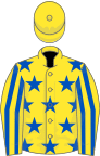 Yellow, Royal Blue stars, striped sleeves, Yellow cap