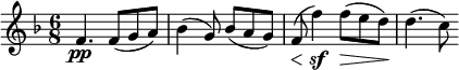  \relative c' { \set Score.tempoHideNote = ##t \tempo 8 = 84 \set Staff.midiInstrument = #"violin" \set Score.currentBarNumber = #37 \key f \major \time 6/8 f4.\pp f8( g a) bes4( g8) bes( a g) \override DynamicLineSpanner.staff-padding = #2 f(\< f'4)\sf f8(\> e d)\! d4.( c8) } 