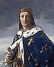 Portrait of clean-shaven Louis in crown and purple royal robe with fleur-de-lis