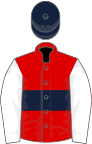 Red, dark blue hoop, white sleeves, dark blue cap