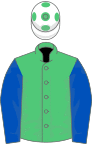 Emerald green, royal blue sleeves, white cap, emerald green spots